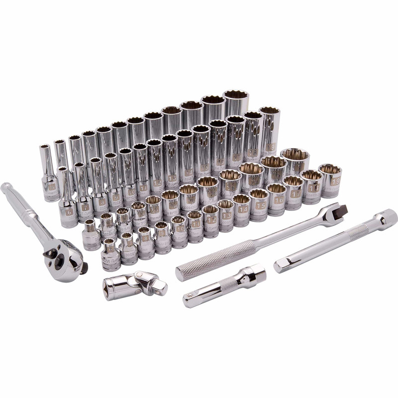 3/8" Drive 57pc 12-Point Standard/Deep SAE/Metric Socket Set, 1/4" - 1", 6mm - 19mm